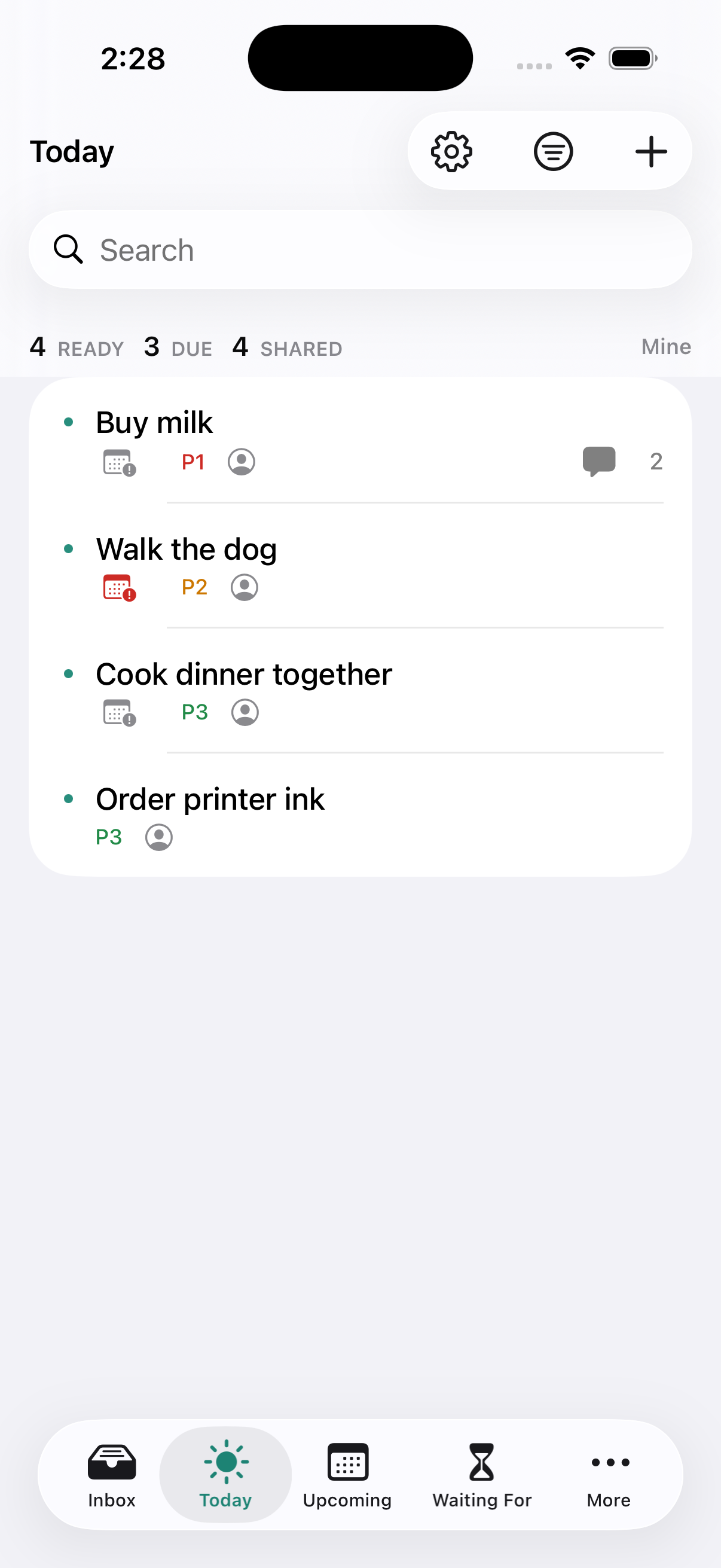 DuetFlow on iPhone: the Today list with a Mine filter, showing a short set of the partner's own tasks &mdash; Buy milk, Walk the dog, Cook dinner together, Order printer ink &mdash; with the household tab bar below.